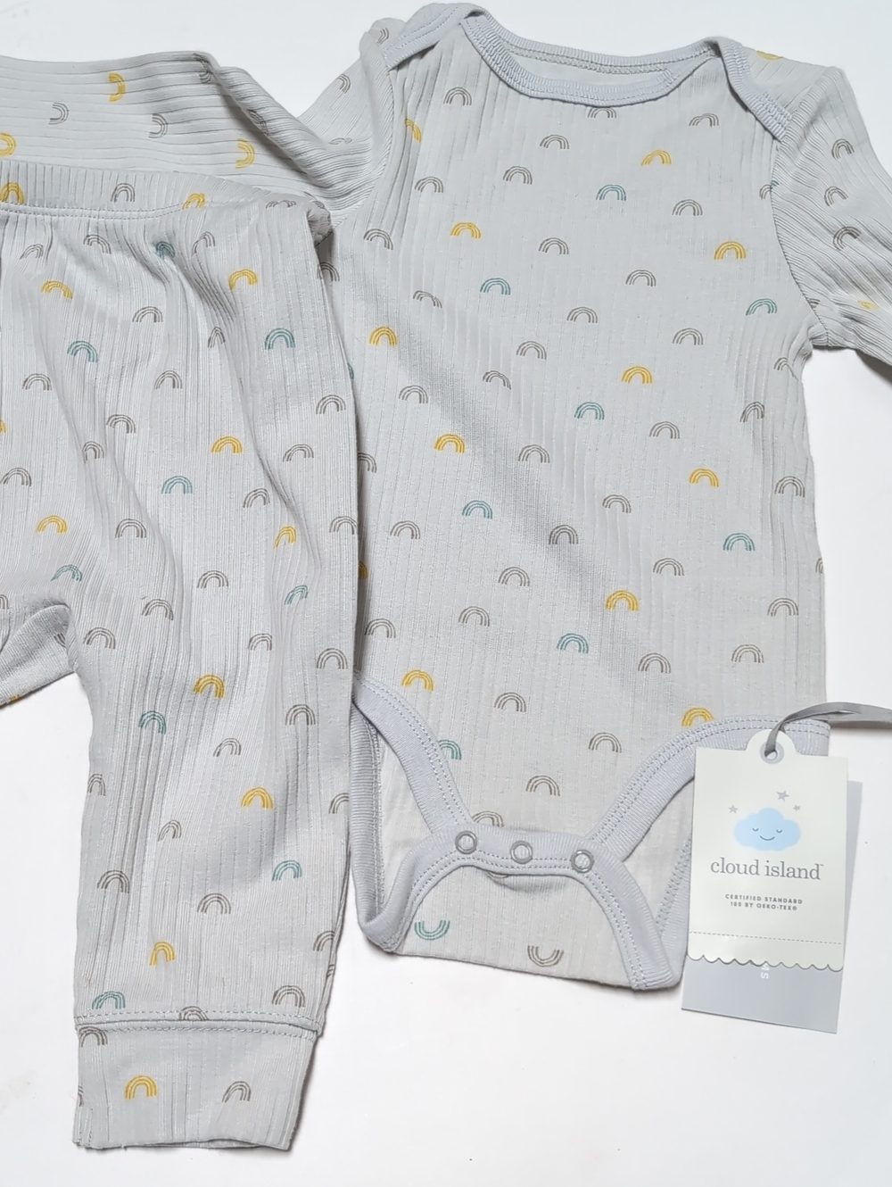 cloud island Grey Ribbed Bodysuit & Pants Set with Pastel Rainbows
